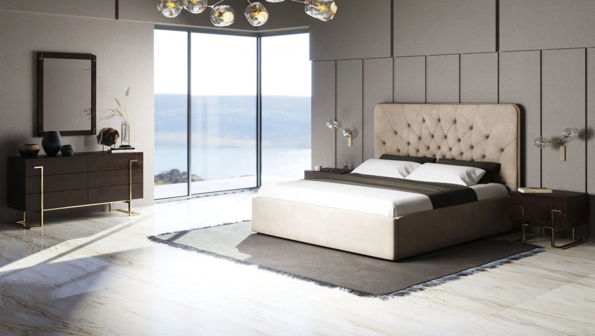 Moontide - Glam Beige Velvet and Brushed Brass Bed