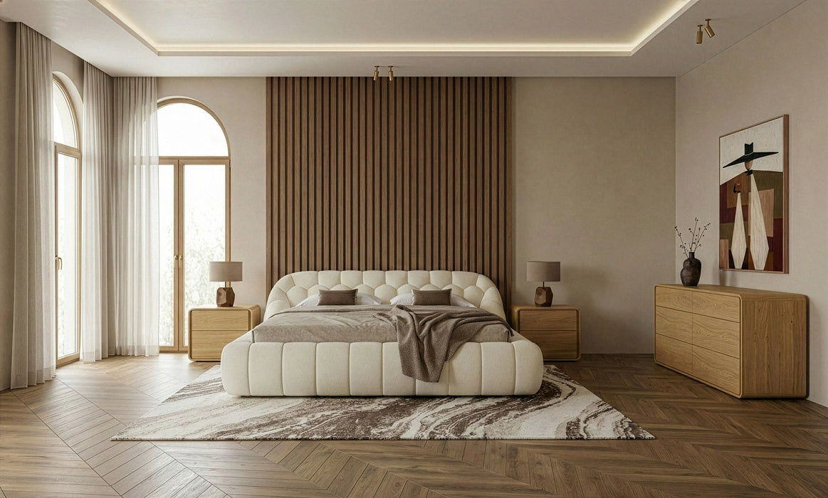Yolonda + Dustin - Modern Off-White Fabric + Natural Oak 4-Piece Bedroom Set