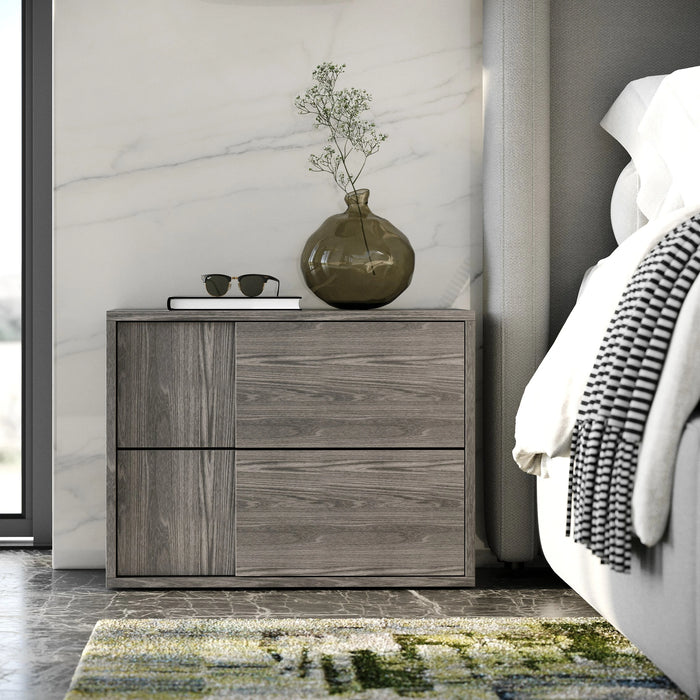 Byrne + Asus - Modern Grey Fabric + Elm Grey Bed & 2 Nightstands