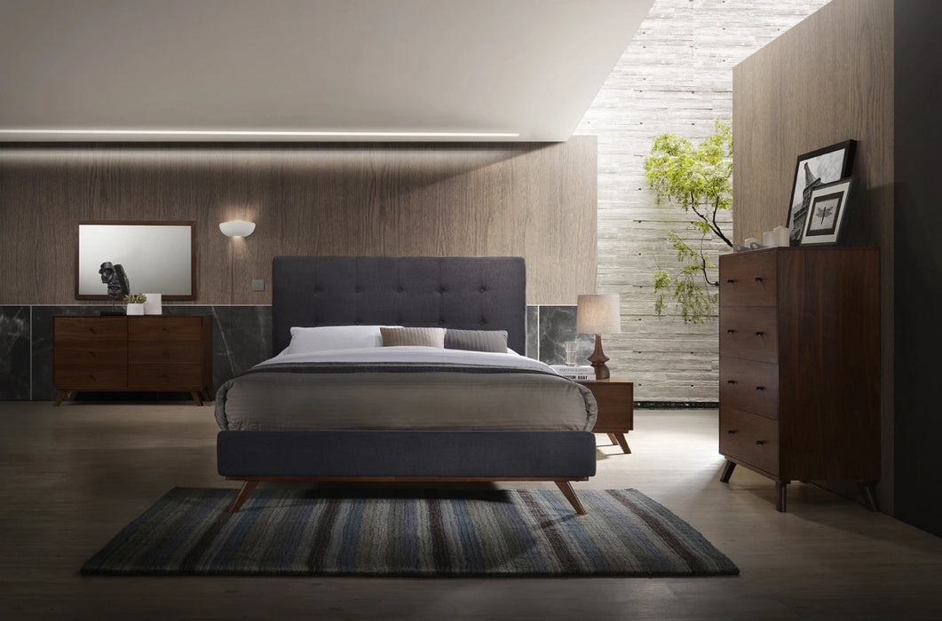 Addison Mid-Century Modern Grey Fabric & Walnut Bed