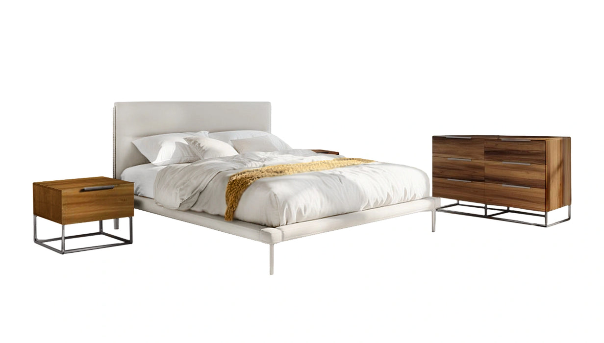 Bergeron + Lorenzo - Contemporary Cream Fabric + Light Oak 4-Piece Bedroom Set