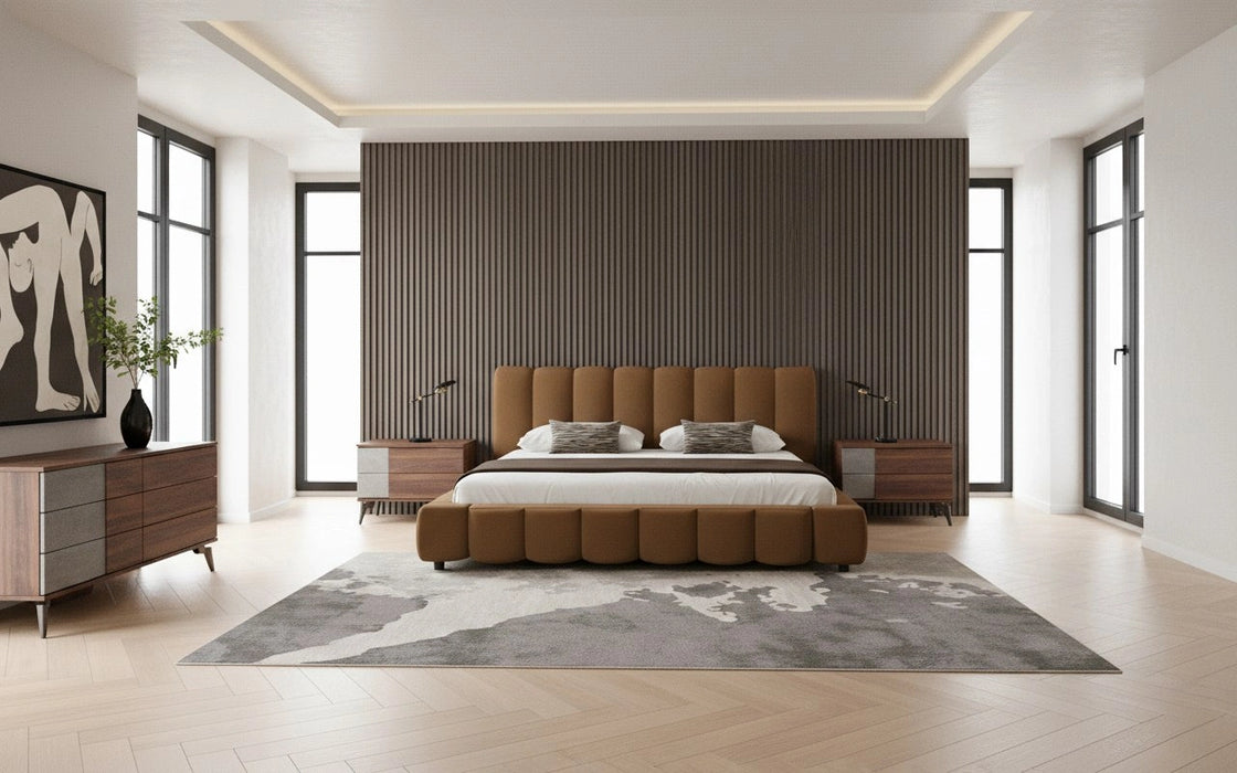 Harris + Palermo - Modern Brown Fabric + Faux Concrete & Walnut 4-Piece Bedroom Set