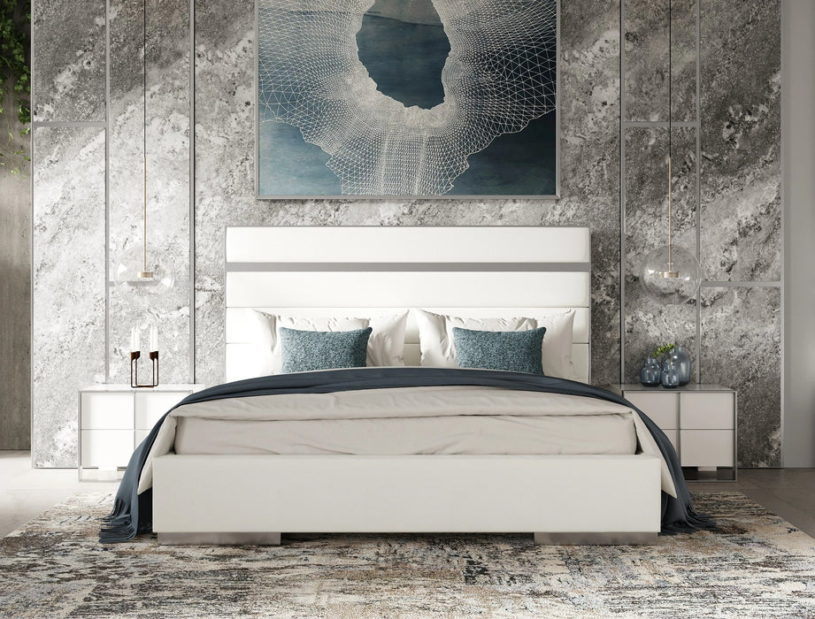 Cartier - Modern White Vegan Leather + Stainless Steel 4-Piece Bedroom Set