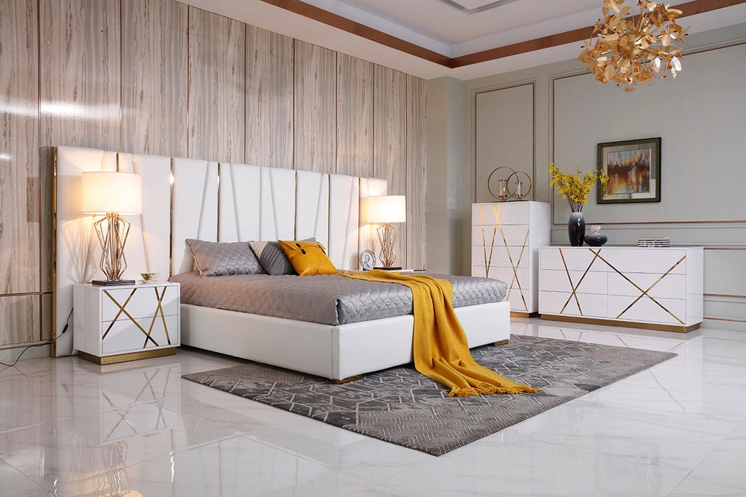 Nixa Modern White Bonded Leather & Gold Bed