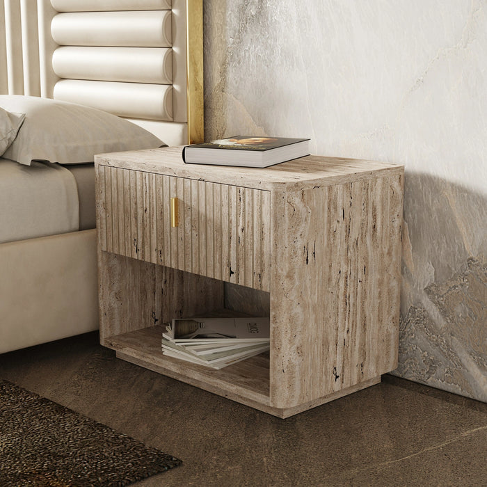 Harris + Roma - Modern Brown Fabric + Faux Travertine 4-Piece Bedroom Set