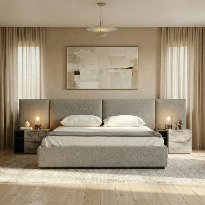 Maranello - Modern Grey Fabric Bed w/ Two Nightstands