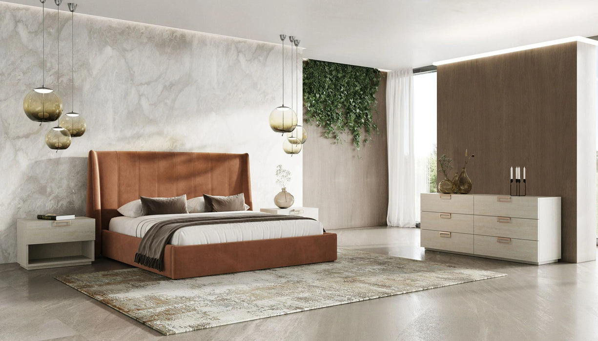 Roma + Lago - Modern Burnt Orange Velvet + Faux Travertine 4-Piece Bedroom Set