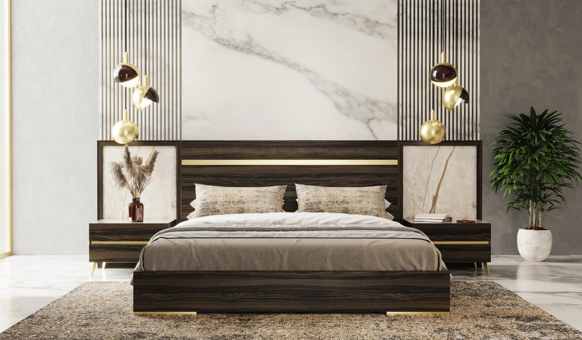 Velondra - Modern Eucalypto + Marble Bed with Two Nightstands