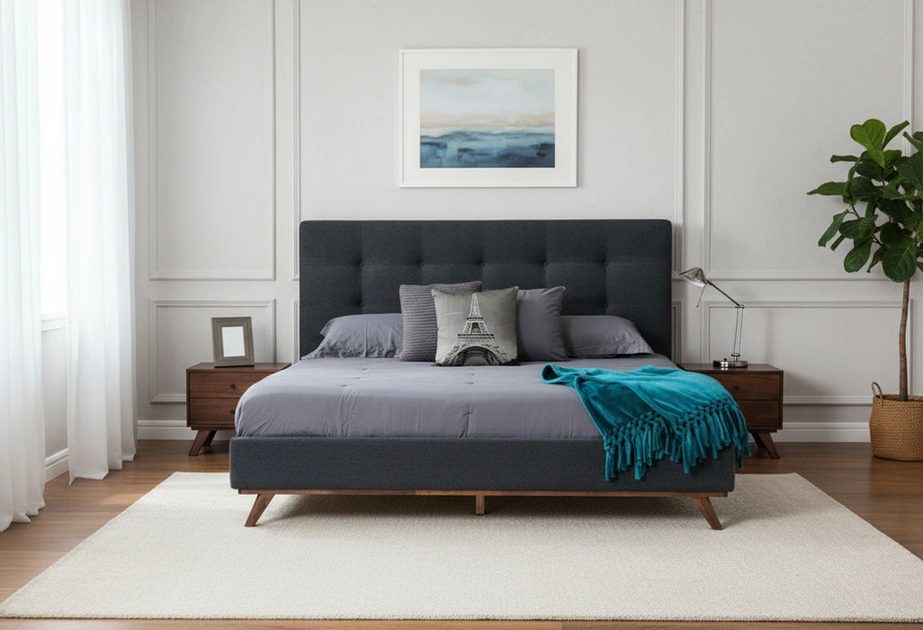 Addison Mid-Century Modern Grey Fabric & Walnut Bed