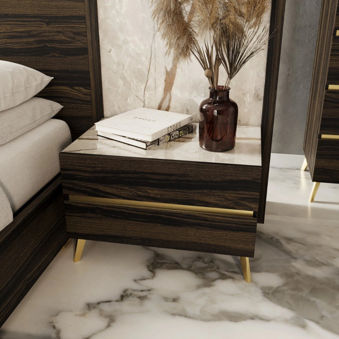 Velondra - Modern Eucalypto + Marble Bed with Two Nightstands