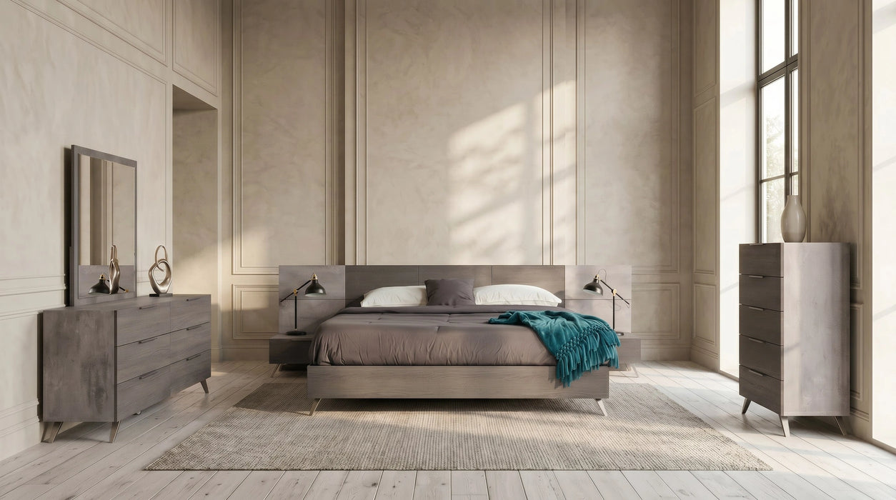 Bronx Italian Modern Faux Concrete & Grey Bed + 2 Nightstands Set