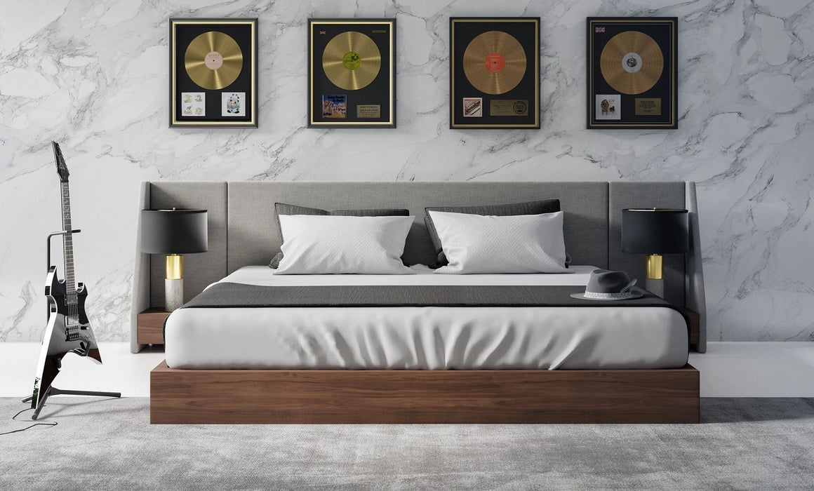 Janice - Modern Grey Fabric and Walnut Bed and Nightstands