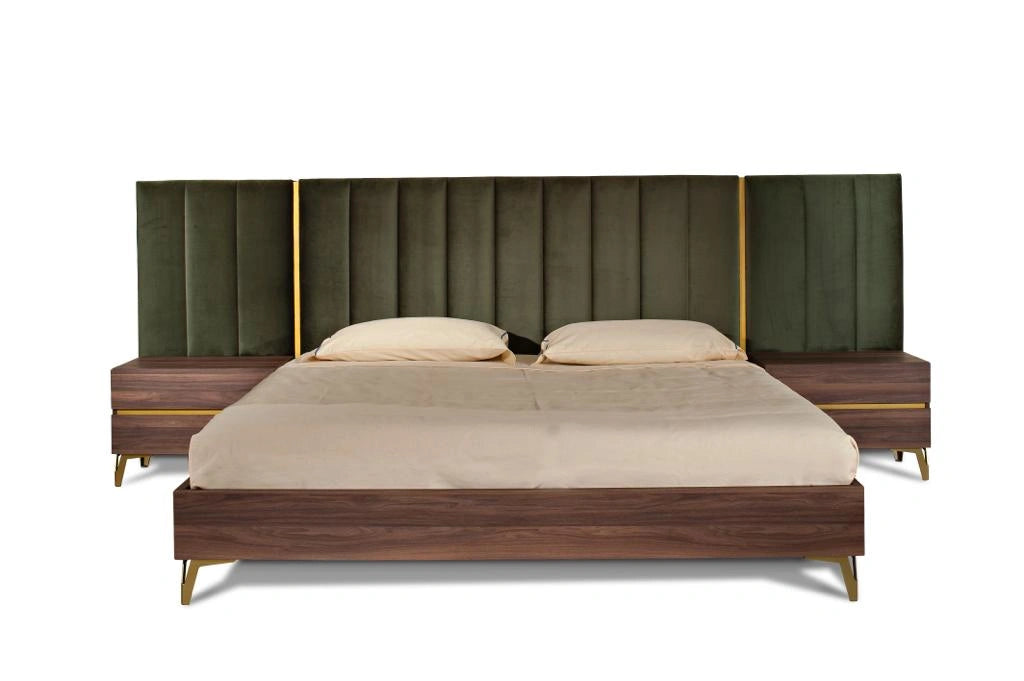 Calabria Modern Walnut & Green Velvet Bedroom Set