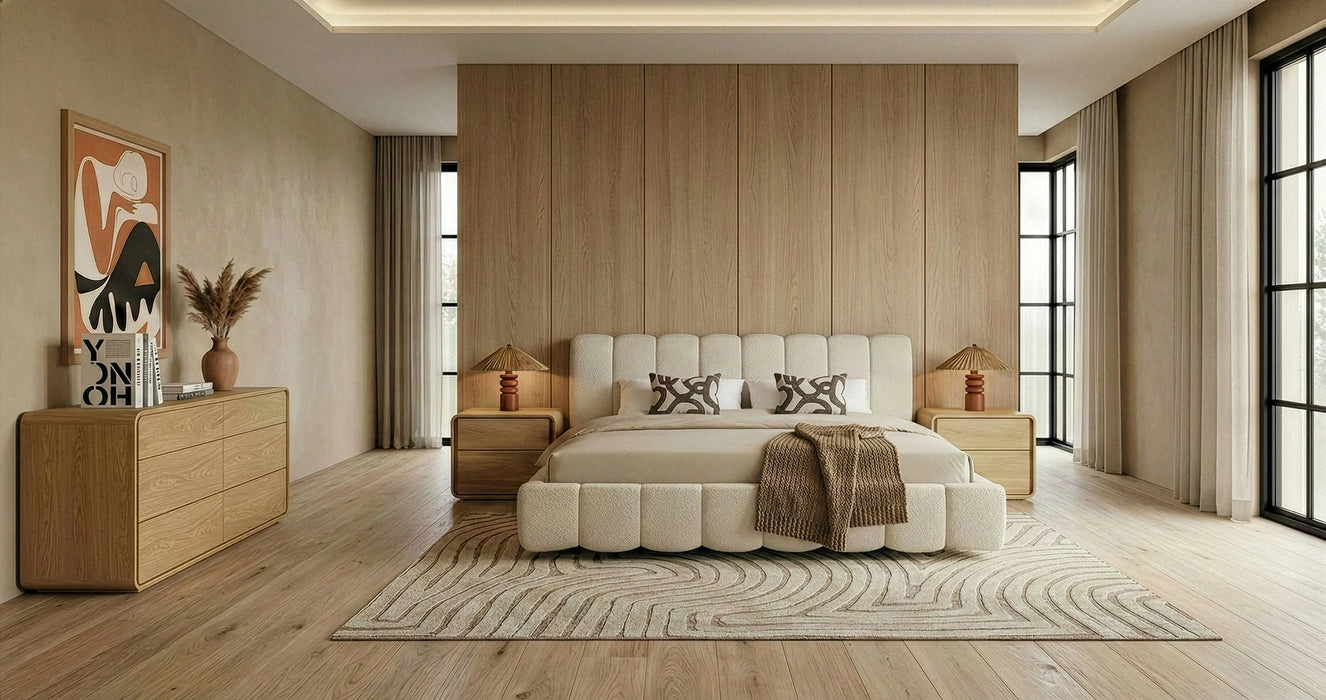 Harris + Dustin - Modern Off-White Fabric + Natural Oak 4-Piece Bedroom Set