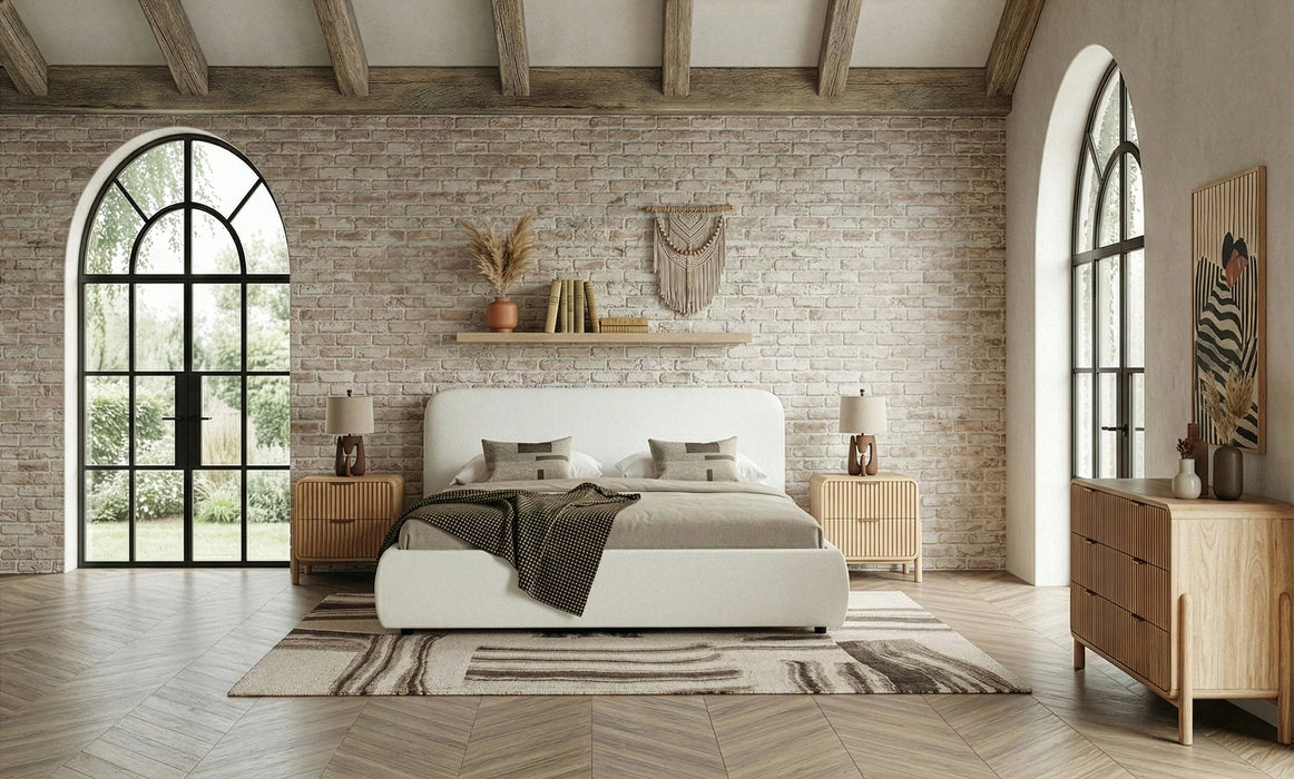 Liam + Mikala - Modern Ivory Fabric + Natural Oak 4-Piece Bedroom Set