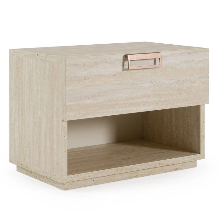 Kiro + Lago - Modern Tan Fabric + Faux Travertine 4-Piece Bedroom Set